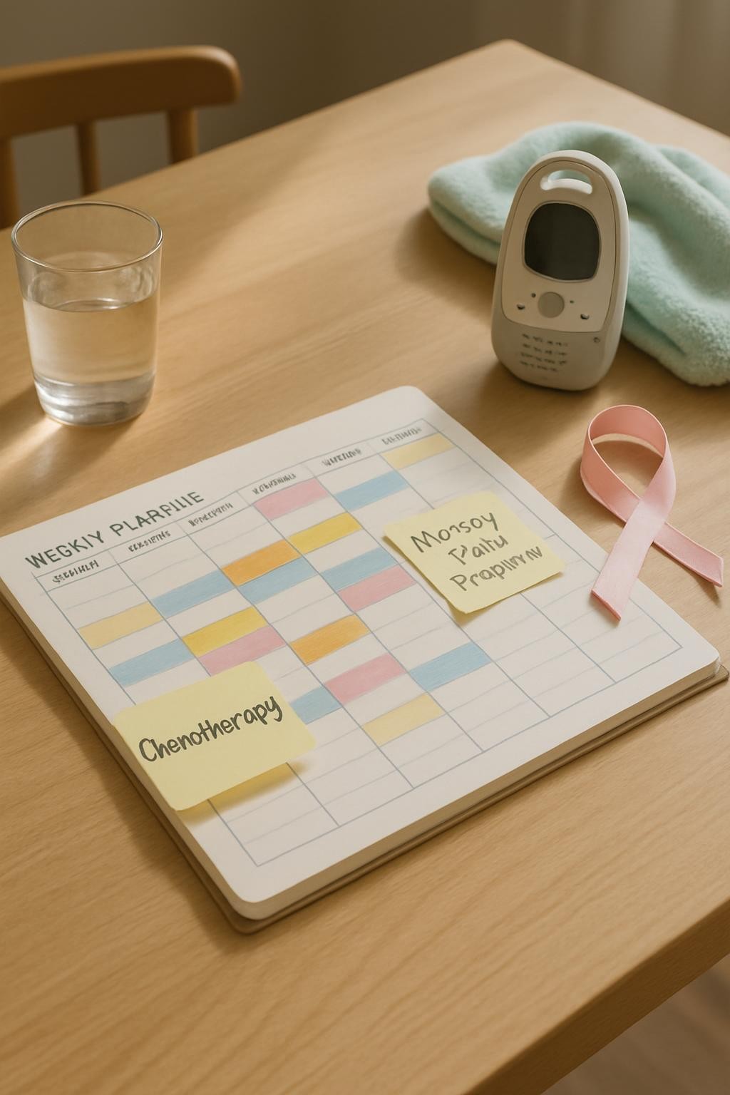 A light wooden dining table organized with a weekly planner open to a colorful schedule, small sticky notes labeled with chemotherapy appointments and nursery playtimes, and a neatly coiled pink satin ribbon forming a subtle breast cancer awareness symbol. Nearby, a baby monitor and a soft, mint-green baby blanket rest together, suggesting simultaneous treatment and childcare. Soft afternoon light streams in from an unseen window, creating gentle reflections on a glass of water and casting calm shadows. Captured from a slightly elevated angle with the rule of thirds guiding the composition, the image feels orderly, grounded, and professional, emphasizing balance between cancer care and parenting in realistic photographic style.