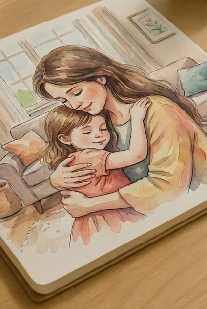 A light wooden dining table organized with a weekly planner open to a colorful schedule, small sticky notes labeled with chemotherapy appointments and nursery playtimes, and a neatly coiled pink satin ribbon forming a subtle breast cancer awareness symbol. Nearby, a baby monitor and a soft, mint-green baby blanket rest together, suggesting simultaneous treatment and childcare. Soft afternoon light streams in from an unseen window, creating gentle reflections on a glass of water and casting calm shadows. Captured from a slightly elevated angle with the rule of thirds guiding the composition, the image feels orderly, grounded, and professional, emphasizing balance between cancer care and parenting in realistic photographic style.